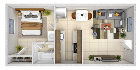 Floor plan for 1 bed, 1 bath, 570 sqft
